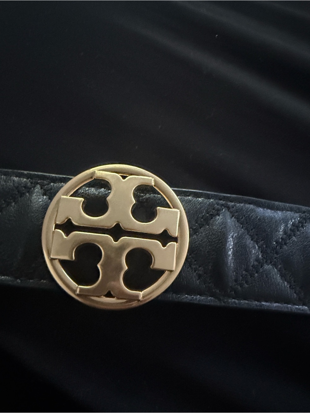 New Tory Burch Black Quilted Leather Belt with Gold Logo Medallion XXL